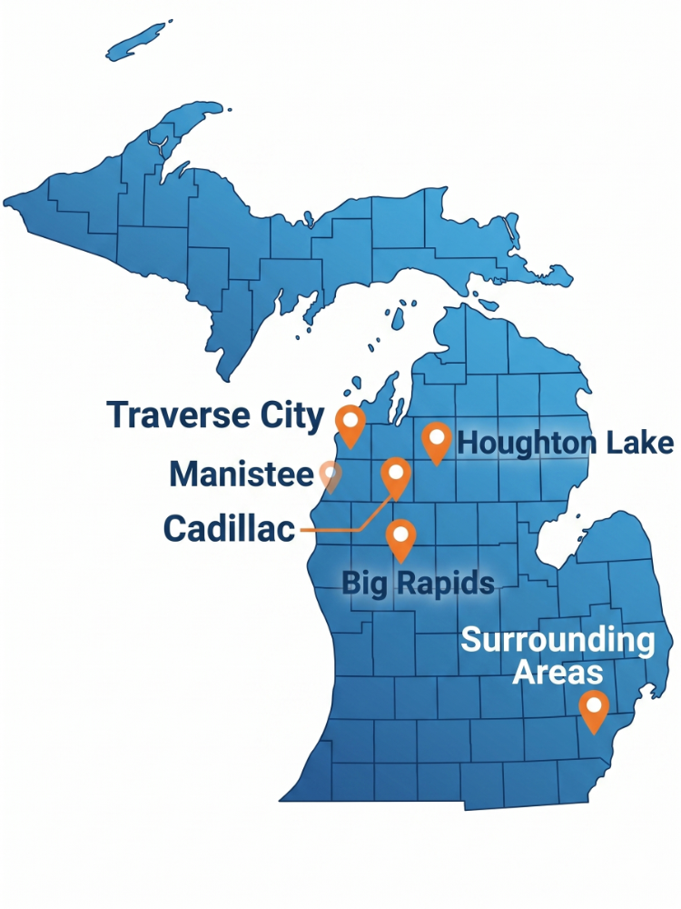 Map of Michigan showing Complete PowerWashing & Restoration service cities: Traverse City, Manistee, Cadillac, Houghton Lake, Big Rapids and surrounding areas